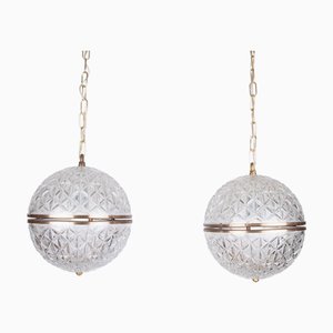 Cut Crystal Globe Pendant Lights, 1950s, Set of 2