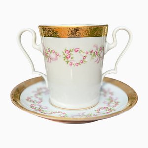 Large Tea Cup with 2 Handles The Queen and Saucer from Limoges Porcelain Factory of Earthenware and Enamel La Seynie, Set of 2