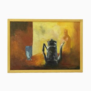 1970s Modernist Kitchen Still Life Painting With French Enamel Coffee Pot - Framed