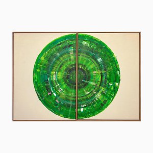 Bernhard Lang, Green Circle Diptych I, Paintings on Canvas, Framed