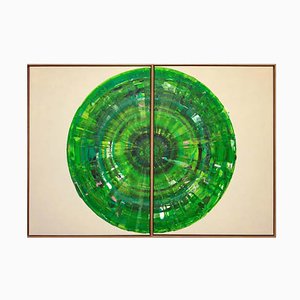 Bernhard Lang, Green Circle Diptych I, Paintings on Canvas, Framed