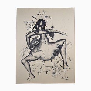 László Mindszenti Ink on Paper, Mounted on Cardboard, Signed and Dated 1972