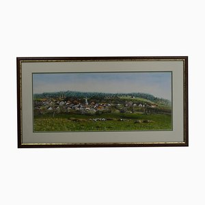 "Paysage, Village de Rantechaux" Dessin Pastel par Eliane Lienard, Encadré