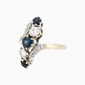 Anillo vintage de oro de 18 quilates, zafiro y diamantes, años 60