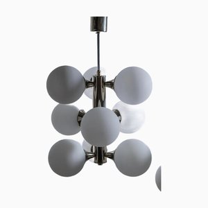 Lustres Art Déco Moderne en Chrome avec 9 Globes en Verre Opalin Blanc de Kaiser, 1970s, Set de 2