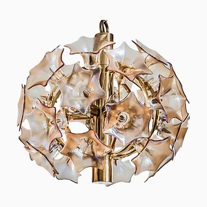 Lampadario grande Sische Simon & Schelle in ottone, vetro ambrato, anni '70, Germania