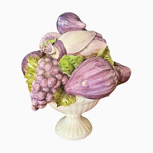 Französischer Handbemalter Barbotine Majolika Keramik Obstkorb Tafelaufsatz, Circa 1950