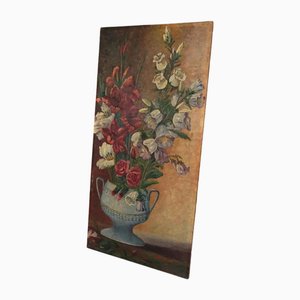1930s French Gladiolus and Foxglove Flower Still Life Painting on Board, Unframed