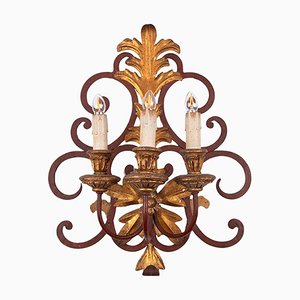 Applique da parete in ferro battuto e legno dorato, Italia, anni '50