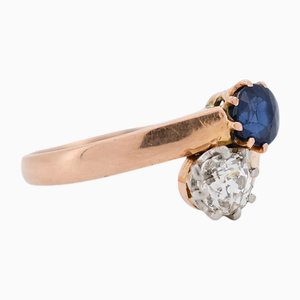 Bague Toi et Moi Diamant et Saphir, 1900, Taille 5,5