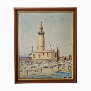Faro e dipinto sulla spiaggia, Francia, metà del XX secolo, anni '50. Incorniciato