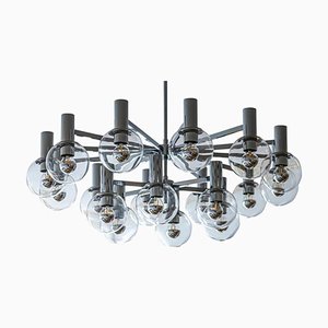 Lustre Original Kaiser Mid-Century Années 60 en Chrome avec 18 Globes en Verre Clair