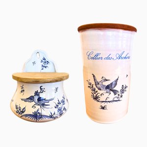 Set of 2 Hand Painted French Moustiers Faience Wall Salt Pot and Kitchen Utensils Pot, Circa 1930