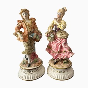 Set of 2 Baroque Style Large Capodimonte Porcelain Figurines, Italy, Circa 1900s