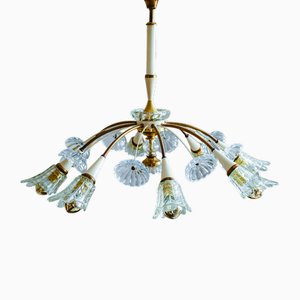 Art Nouveau Genet Et Michon Chandelier With Flower Glas Shades and Ornaments From 1940s Finch Epoche