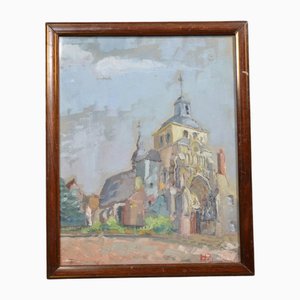 Hpf (Französisch 20. Jh.) „Die Kirche“ Öl auf Karton