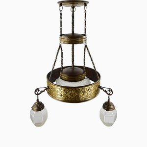 1900s German Art Nouveau Metal and Frosted Glass Chandelier