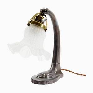 Early 20th Century French Art Nouveau Cast Iron & Glass Desk Lamp