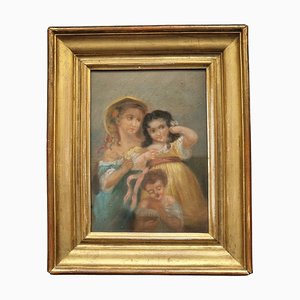 19th Century Children Portrait Oil Pastel Drawing, Framed