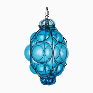 Venetian Blue Murano Caged Glass Pendant Light with Large Bubbles, 1960s
