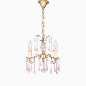 Brass Chandelier with Pink Murano Glass Drops, 1960s