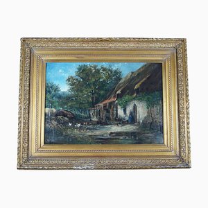 Alexandre Defaux (French 1826-1900) (Student of Jean-Baptiste Corot) "The Farm" Oil on Canvas Signed