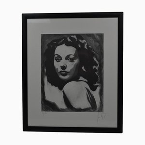 Lithographie Noire et Blanche Figurative "Portrait of a Woman" des années 1990, signée et numérotée 38/70, encadrée