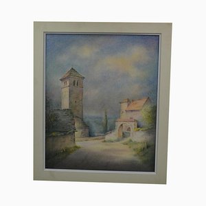 1990s French School Church Landscape Watercolor Painting, Framed