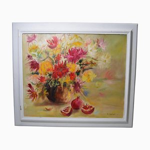 20th Century French School "Still Life With Pomegranate and Flowers" Oil on Canvas Signed by D. Spigai, Dated 70
