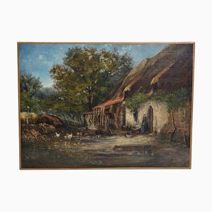 Antico dipinto a olio su tela "The Farmer's Wife and the Farmyard" di Alexandre Defaux, firmato