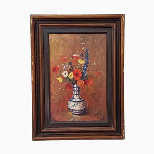 1960s Poppy and Wild Flower in Ceramic Vase Still Life Painting, Framed