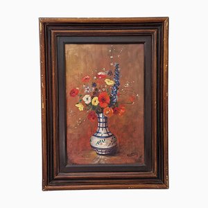 1960s Poppy and Wild Flower in Ceramic Vase Still Life Painting, Framed