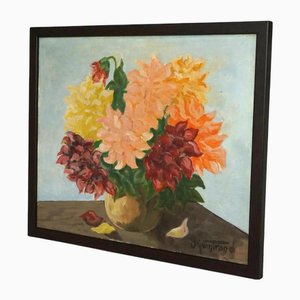 1950s French Dahlia Flower Still Life Painting, Framed