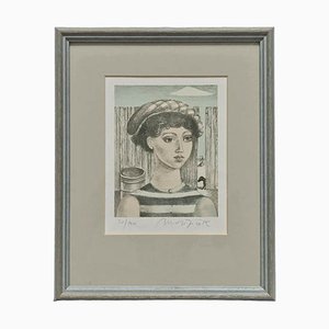 Late 20th Century Beach Girl Portrait Lithograph Print by Vaclav Matejice, Framed. Signed and Numbered Limited Edition
