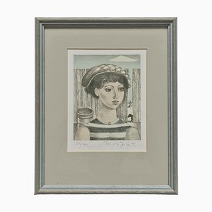 Litografía de retrato de niña en la playa de finales del siglo XX de Vaclav Matejice, enmarcado. Edición limitada firmada y numerada