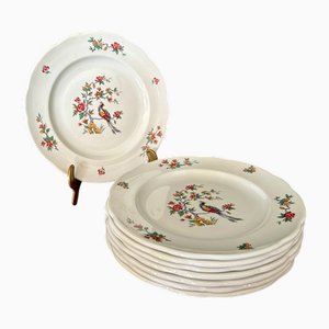 Set of 6 French Sarreguemines Dinner Plates, Peacock Pattern / Iron Earth / Ironstone, Circa 1900