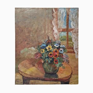1970s Rustic French Vase With Flowers Still Life Painting, Unframed