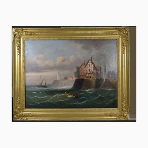 Artista escolar del norte de Europa, La tormenta llega al puerto, principios del siglo XIX, pintura al óleo sobre lienzo, enmarcado