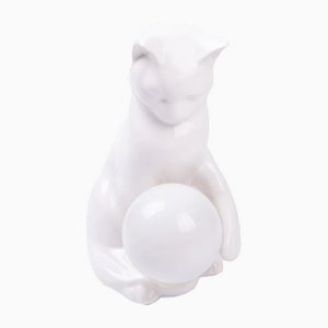 Lámpara de mesa con forma de gato de cerámica blanca, años 70