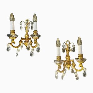 Louis XVI Wandleuchten aus Vergoldeter Bronze & Kristallglas, 19. Jh., 2er Set