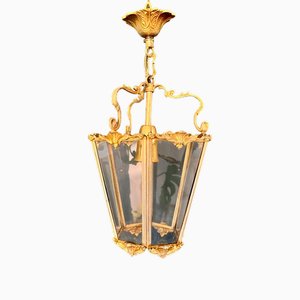 Art Nouveau Suspension Lantern in Gilt Bronze and Glass Facets Hanging Lamp Pendant Lantern Circa 1900