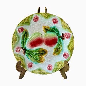 Antike französische Majolika Orchien mit Apfel & Birnenplatte, Circa 1920