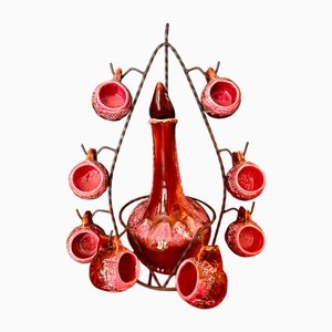 Mid-Century French Majolica Glazed Ceramic Liquor or Aperitif Set from Vallauris France, 1950, Set of 9