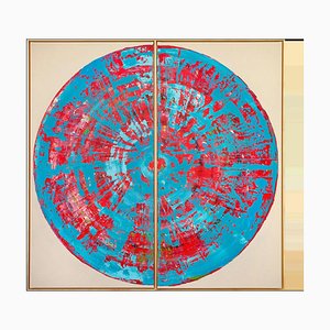 Cyan Red Circle Diptych, Contemporary Painting on Canvas, Framed
