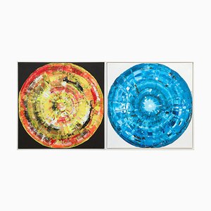 Bernhard Lang, círculos de colores y azules, pinturas sobre lienzo, enmarcado, Juego de 2