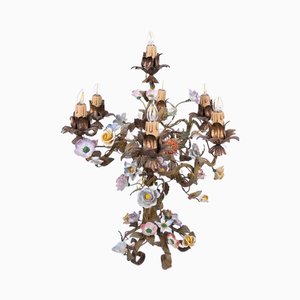 Large Candelabra Table Lamp with Porcelain Flowers, 1950s