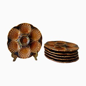 French Majolica Barbotine Oyster Plates from Sarreguemines, 1970s, Set of 6