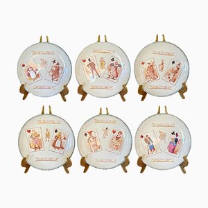Set de 6 Assiettes en Majolique de Choisy-Le-Roi, 19ème Siècle, Humour Cartes à Jouer