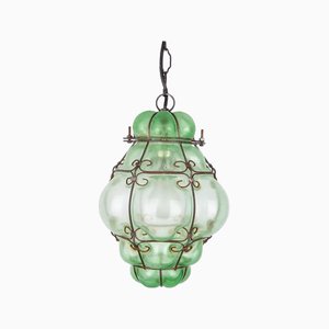 Venetian Murano Style Matte Green Caged Glass Pendant Light, 1960s