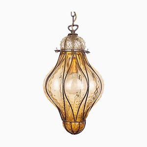 Amber Murano Caged Glass Pendant Light from Seguso, 1960s